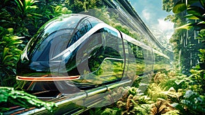 Hyperloop train, magnetic levitation train background, fastest train of the future, high speed rail travel. Public transport