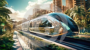 Hyperloop train, magnetic levitation train background, fastest train of the future, high speed rail travel. Public transport