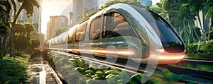 Hyperloop train, magnetic levitation train background, fastest train of the future, high speed rail travel. Public transport