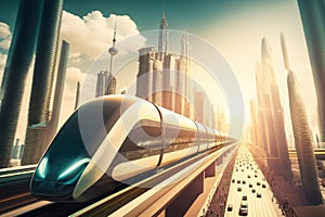 Hyperloop Train Racing through City Skyline