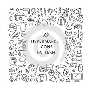 Hypermarket store food, appliances, clothes, toys icons background frame pattern