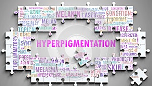 Hyperpigmentation as a complex subject, related to important topics spreading around as a word cloud photo