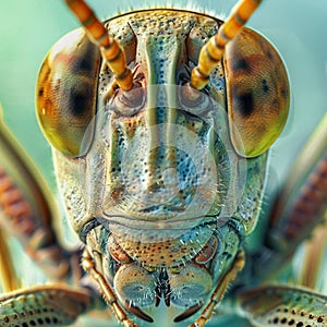 Hyperreal images of a grasshopper face, extremely high detail close-up photo.