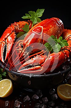 Hyperrealism in cuisine. Fresh lobster on ice. AI generation