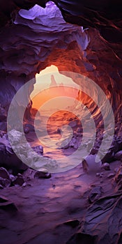Hyperrealism Image: Sunrise In A Cave With Purple Rocks
