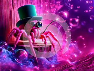 hyperrealist cartoon spider, vividly pink, elegantly attired in a top hat and a green photo
