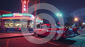 Hyperrealistic 1950s diner at night with neon sign, vibrant colors, and vintage cars