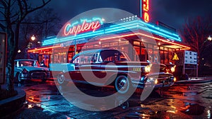 Hyperrealistic 1950s diner scene with neon glow, classic cars, vibrant colors, detailed imagery