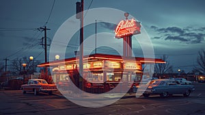 Hyperrealistic 1950s diner scene with neon glow, vintage cars, and vibrant colors in wide angle view