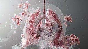 A hyperrealistic 3D model of a lung with healthy pink tissue gradually turning grey and inflamed as PM 2.5 particles infiltrate