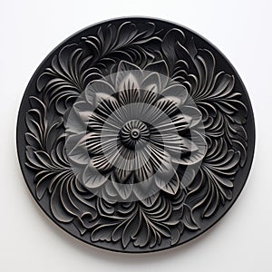 Hyperrealistic 3d Rayon Pattern Decorated Black Plate With Chinese Woodcarving Style
