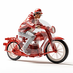 Hyperrealistic Action Figure Riding Red Motorcycle: Retro Glamor Meets Hip Hop Influence