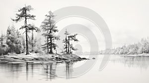 Romanticized Black And White Pencil Drawing Of Pine Trees By The Lake