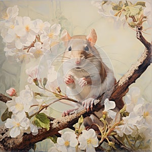 Realistic Painting Of Rat On Branch With Flowers: A Joyful And Optimistic Artwork photo