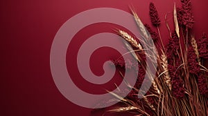 Hyperrealistic Autumn Wheat On Maroon Background With Dried Grasses