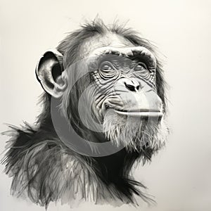 Hyperrealistic Black Drawing Of Adult Chimpanzee: Studio Portrait With Vibrant Use Of Light And Shadow