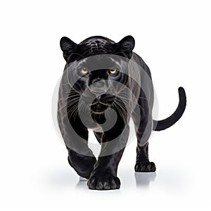 Hyperrealistic Black Panther Walking On White Background