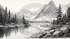 Hyperrealistic Black And White Drawing Of Mountains And Lake photo