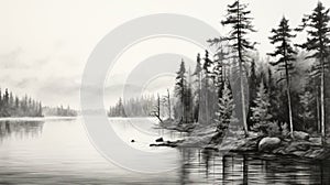Hyperrealistic Black And White Drawing Of Pine Trees By A Lake
