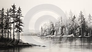 Hyperrealistic Black And White Drawing: Pine Trees By The Lake