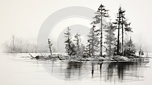 Hyperrealistic Black And White Landscape Sketch Of Pine Trees By The Water