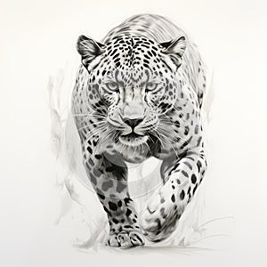 Hyperrealistic Black And White Leopard Sketch With Explosive Pigmentation