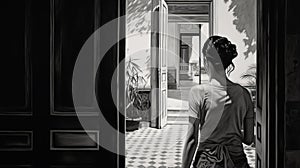 Hyperrealistic Black And White Painting Of Girl Peeking Out Door