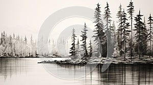 Hyperrealistic Black And White Pine Tree Sketch On A Lake photo