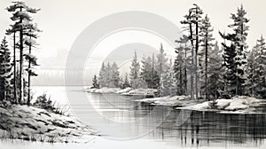 Hyperrealistic Black And White Sketch Of Pine Trees By The River