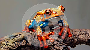 Hyperrealistic Blue and Orange Frog Statue on a Branch