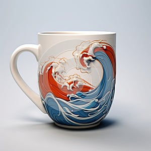 Hyperrealistic Blue And Orange Wave Coffee Mug With Traditional Chinese Style