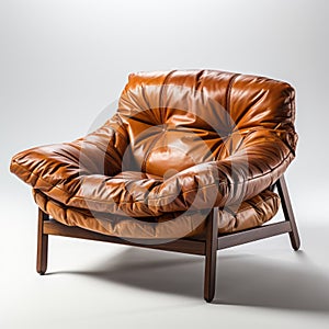 Hyperrealistic Brown Leather Lounge Chair On Wooden Stand photo