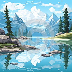 Hyperrealistic Cartoon Mountain Landscape With Reflective Lake