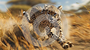 Hyperrealistic cheetah sprinting in savanna with dramatic shadows and swirling dust