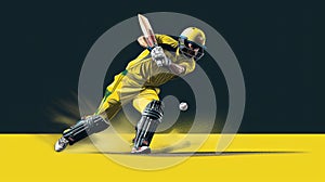 Hyperrealistic Cricket Player Hitting Ball On Yellow Background
