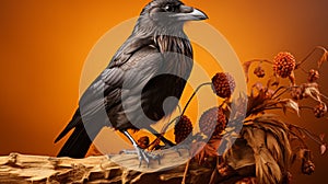 Hyperrealistic Crow Perched On Brown Stem Against Bright Background photo