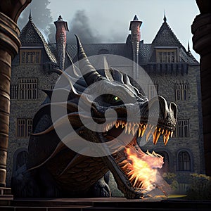 Hyperrealistic Dragon Breathing Fire on an Intricately Detailed Castle, Created with Generative AI