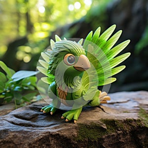 Hyperrealistic Fantasy Green Toy Bird With Colorful Feathers