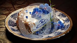 Hyperrealistic Flan With Ornate Details And Blue Sakura Flower Cake