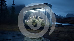 Hyperrealistic Glass Box: A Nighttime Depiction Of Inclement Weather