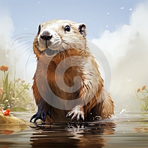 Hyperrealistic Groundhog In Water With Flowers - Inspired By Raphael Lacoste photo