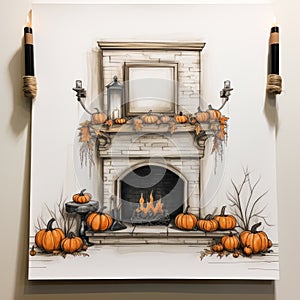 Hyperrealistic Halloween Fireplace Drawing With Pumpkins And Candles