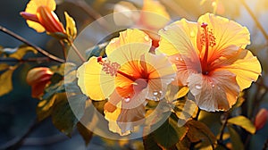 Hyperrealistic Hd Image Of Hibiscus Flowers At Sunrise