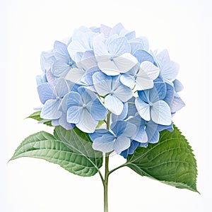 Hyperrealistic Illustration Of A Blue Hydrangea Flower On White Background