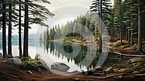 Hyperrealistic Illustration Of A Lake Shoreline Amidst Pine Trees photo