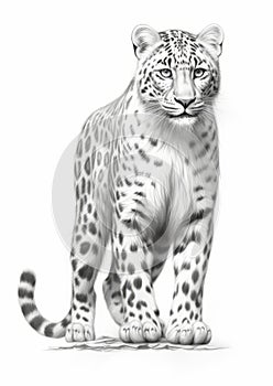 Hyperrealistic Illustration Of Majestic Snow Leopard In Pencil Sketch