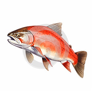 Hyperrealistic Illustration Of Red Salmon On White Background