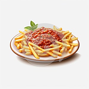 Hyperrealistic Illustration Of Spaghetti And Chips On A Plate