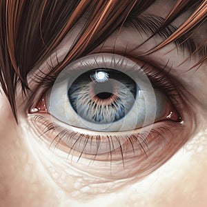 Hyperrealistic Illustration Of A Woman\'s Eye With Brown Hair And Blue