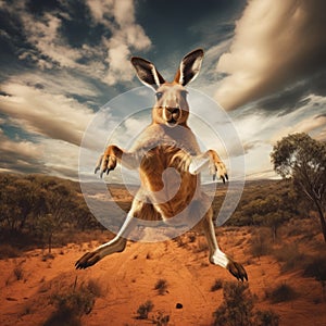 Hyperrealistic Kangaroo In Flight: A Surreal Desert Portrait